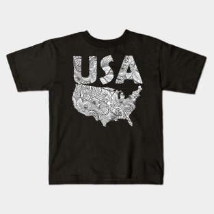 Mandala art map of the United States of America with text in white Kids T-Shirt